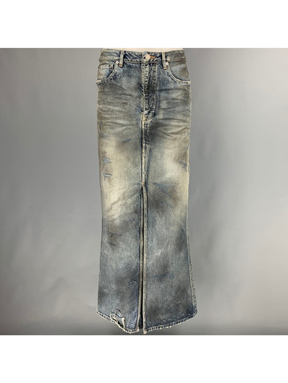 BALENCIAGA Size 6 Blue Grey Cotton Distressed Pencil Long Skirt